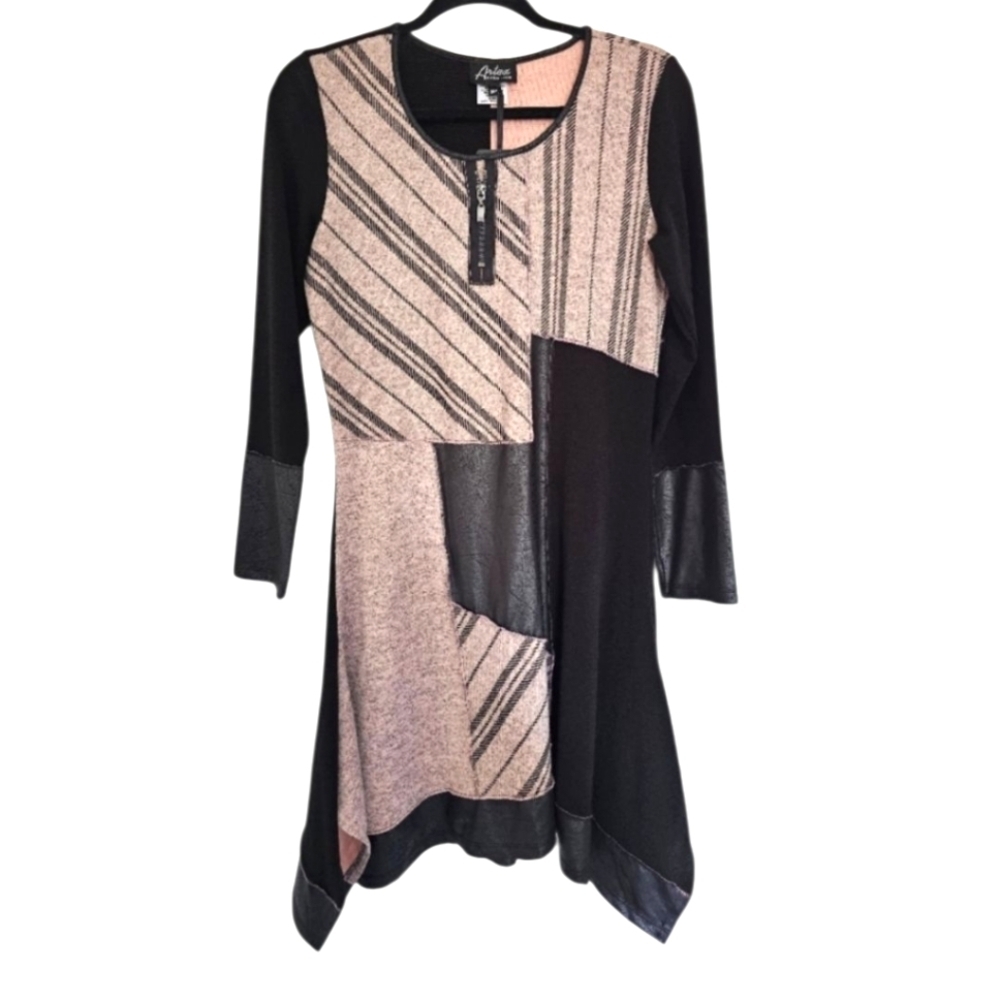 ARTEX Faux Leather Trimmed Pink & Black Tunic Dress Canadian Made Size Med NWT